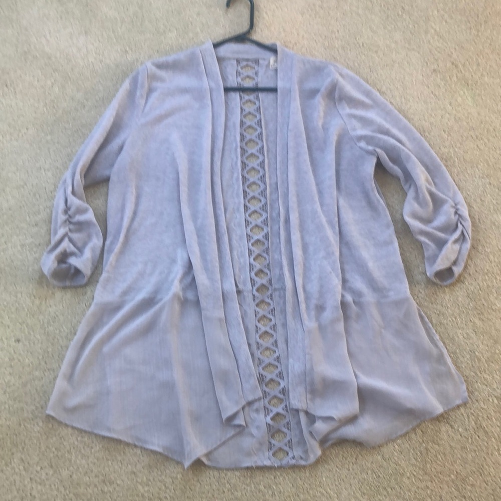 XL a. moon brand open front cardigan gray, embroidery and chiffon like new!